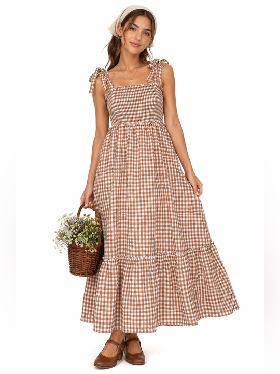 Dresses & Skirts - Boho Prairiecore Smocked Tiered Gingham Maxi Dress Countrycore Feminine Earthy